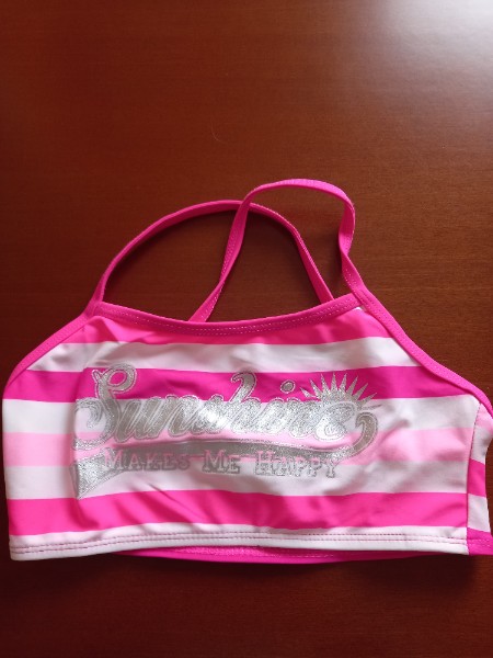M�dchen Bikini, rosa-wei� gestreift, Gr��e 134/140